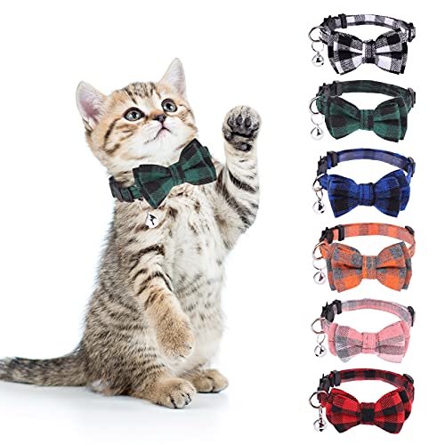 DragonflyDreams 6 PCS Cat Collars with Bow Tie and Bell,Cat Collars Plaid ,Breakaway Adjustable Cat Bow Tie Collars,Cute Bow Tie Suitable for Kittens Or Certain Puppies