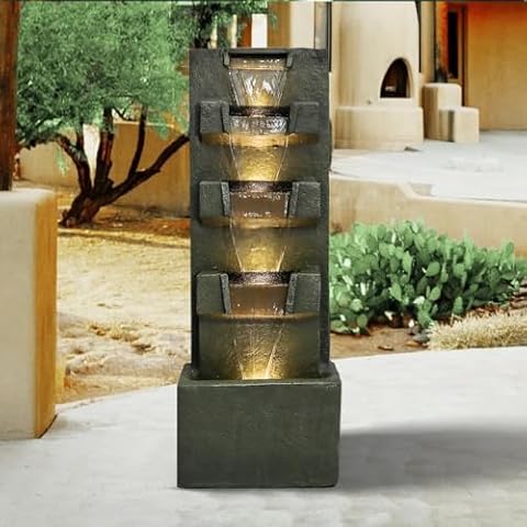 ourrco 39.3inches High Concrete Modern Water Fountain 5-Tiers Indoor/Outdoor Water Fountain w/LED Lights Cascading Waterfall Features for Home Garden Backyard Decor Cover