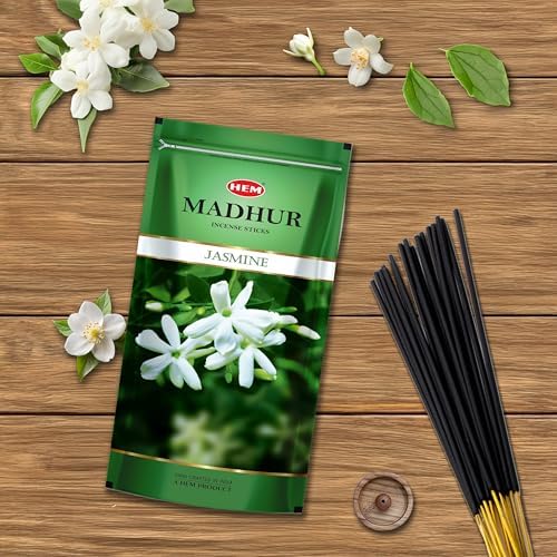 Image of Hem Madhur Jasmine Incense Sticks - Pack of 3 | Premium Agarbatti in Reuseable Zip Pouch for Puja, Meditation, Spirituality & Home Freshness | Soothing Aroma | Burns 35-40 Min | Approx 300 Stick