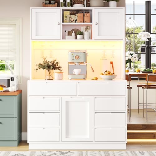 Raeln aparador Blanco 120cm alacena despensa Ocho cajones Cierres magneticos armarios Cocina Muebles auxiliares estantes Tablero Soporte Estructura Metal Comedor Salon Pasillo