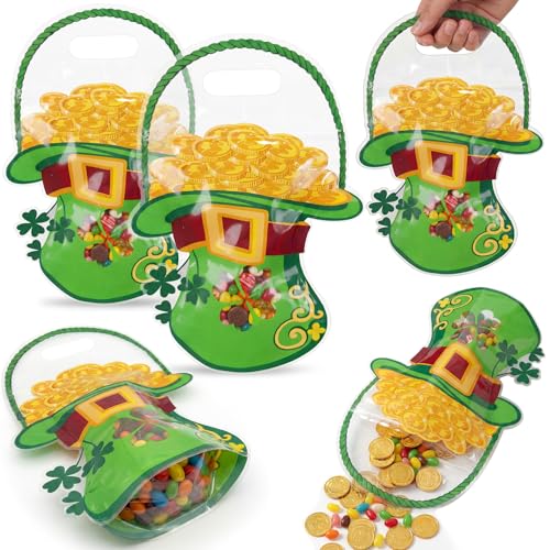 FANFX 50 Pcs St. Patrick's Day Gift Bags - Green Plastic Hat with Handles for Coin & Candy, Lucky Shamrock Goodie Bags for Irish Holiday Party, Gift Wrapping & Decor (Gold Coin Hat)