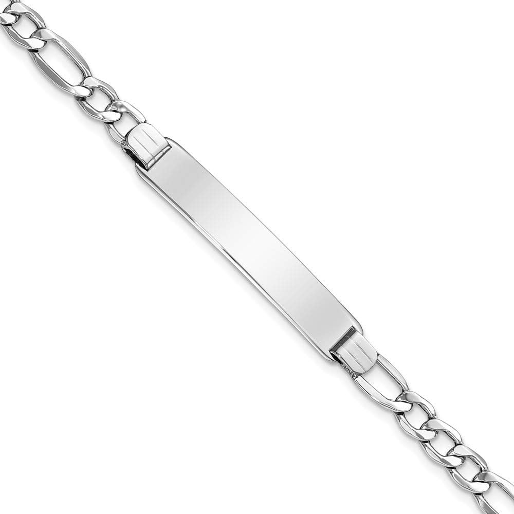 Engravable Personalized Custom 14K White Gold Polished Semi-Solid Figaro ID Bracelet For Men or Women Length 8 inches Width 7 mm