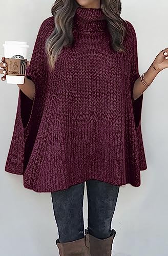 KIRUNDO Women's 2026 Fall Winter Turtleneck Poncho Sweater Fashion Chunky Knit Cape Wrap Sweaters Pullover Jumper Tops(Dark Purple Red, Small) — view 6