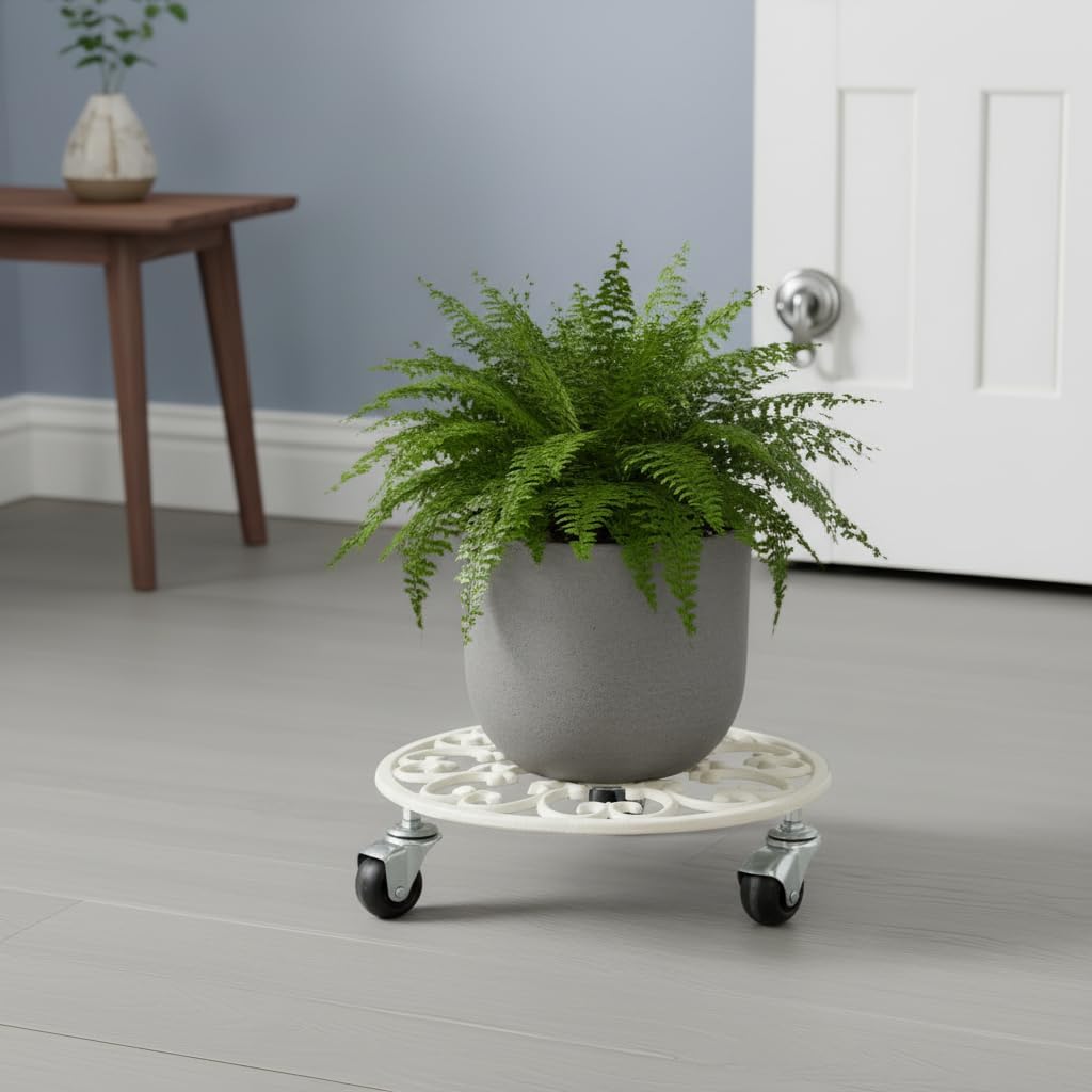 Comfy Hour 11.8" Heavy Duty Cast Iron Plant Stand with Wheels, Antique White Rolling Plant Caddy for Large Pots, Decorative Flower Pot Mover & Floor Protector for Indoor Outdoor Garden