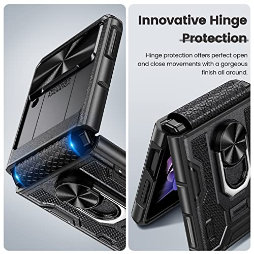 Caka For Z Flip 3 Case, Galaxy Z Flip 3 Case With Hinge Protection, Camera Cover & Kickstand With Built-In 360°Rotate Ring Stand Magnetic Protective Phone Case For Samsung Z Flip 3 -Black #TOP2