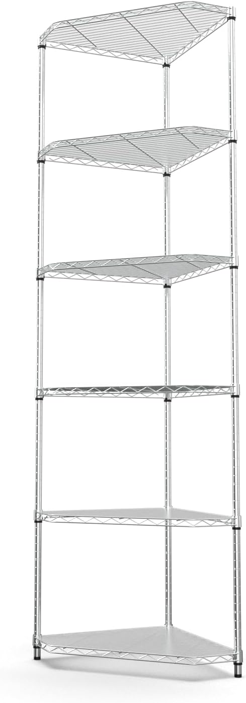6 Tier NSF Metal Shelf Pentagonal Corner Wire Shelving Unit, 72"H x 20"L x 20"D - Chrome, 600lbs Capacity Heavy Duty Adjustable Storage Rack with Shelf Liners for Kitchen Garage Office Room Corner