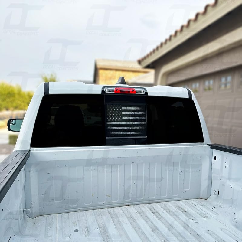 Decal Concepts Distressed American Flag Rear Window See Through Accent Decal - (Fits Dodge Ram 2019-2024) (Black-White Distressed)