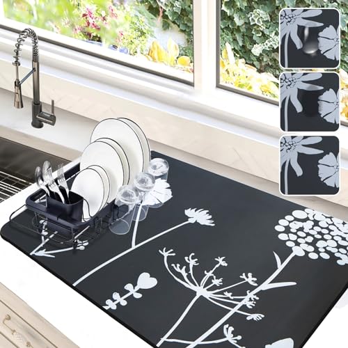 Dish Drying Mat for Kitchen Counter, 16"x24" Rubber Backed (Gray Daisy)