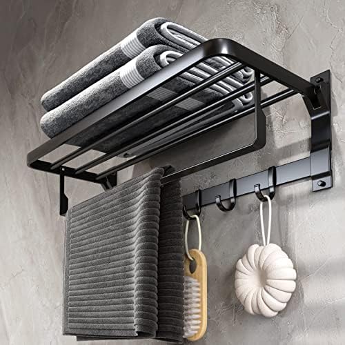 LUXSAMG Towel Racks for Bathroom with Towel Hooks, 24 Inch Bathroom Towel Holder with Shelf Aluminum Wall Mount Bath Sheet Towel Holder Double Foldable Towel Bar Matte Black