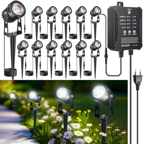 LightingWill Gartenstrahler LED Außen Wasserdicht mit Erdspieß, Gartenbeleuchtung mit Dämmerungssensor & Timer, 12er Set, 5000K-6000K Kaltweiß, IP65 Gartenspots für Garten, Weg, Terrasse, Einfahrt