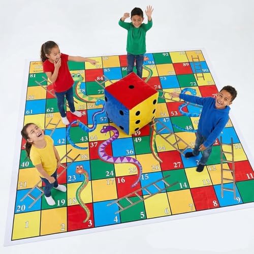 Atpata Funky Jumbo Snakes and Ladders Mat Game 10x10 Feet with 8 Inch Dice Cube – Lifesize Family Board Game for Kids & Adults, Outdoor Indoor Fun, Picnic, Party & School Activity
