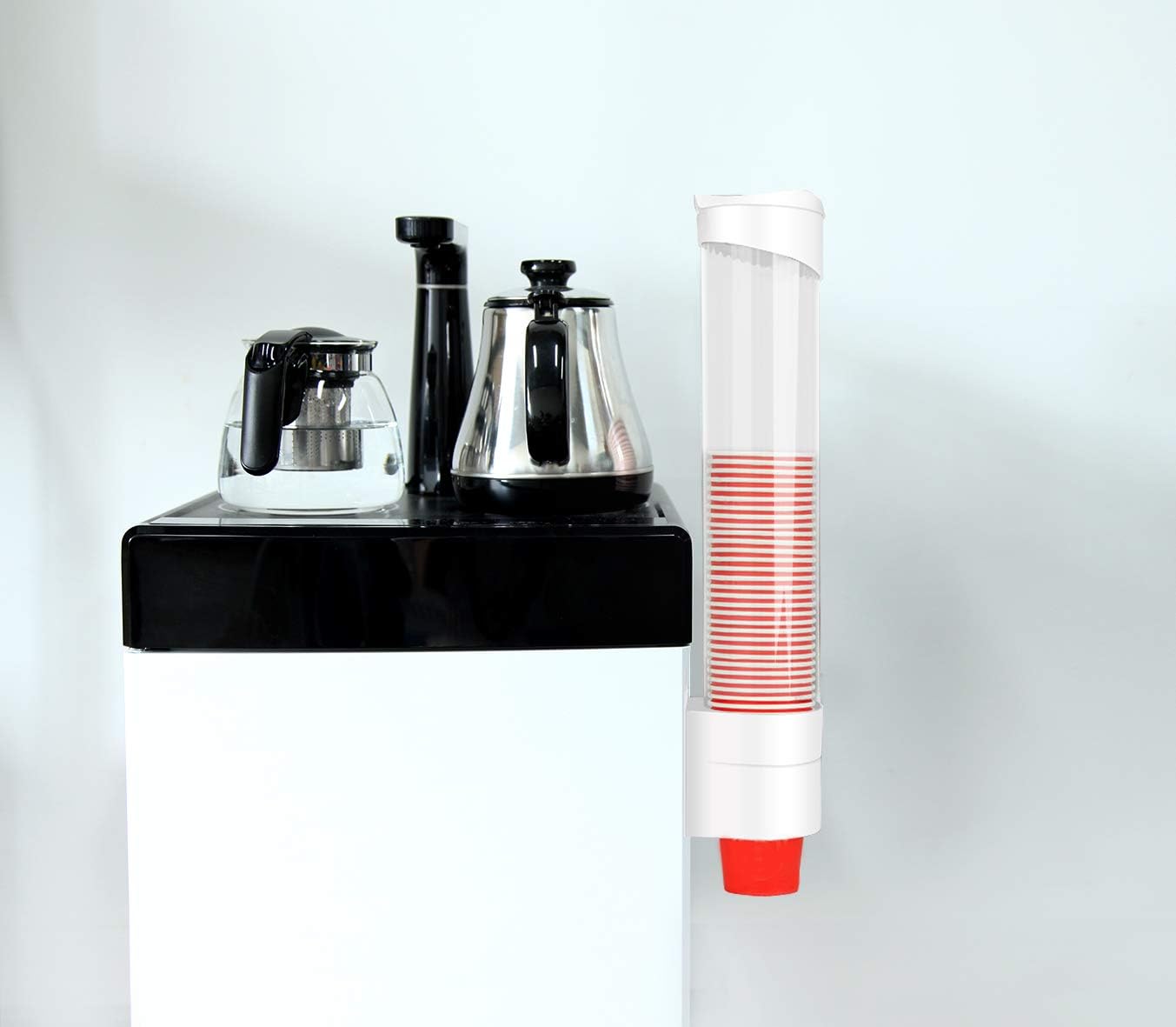 N／A Dispenser per bicchieri d'acqua a parete con bottone One Touch Dispenser per bicchieri in plastica anti-polvere, per bicchieri di carta, coni di carta biodegradabili, 7,5 cm, 50 tazze (bianco)