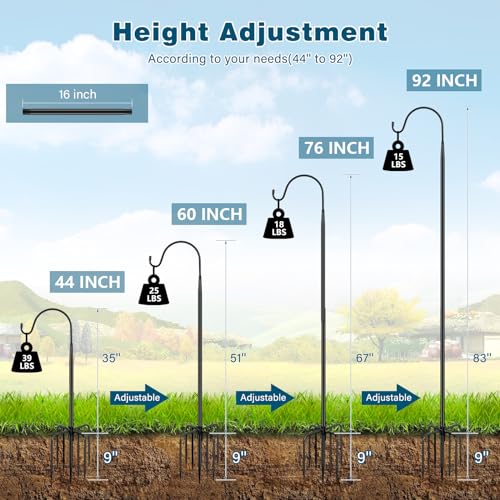 Image of Gtongoko 2 Pack Shepherds Hook 92 Inch New Version, Tall Bird Feeder Pole, Adjustable Shepards Hooks for Outdoor Plant Baskets, Lanterns, Weddings Decor, Solar Lights, Black