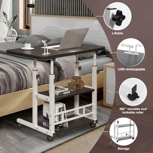 Warmiehomy Movable Computer Desk with USB Ports, Height Adjustable Office Desk with 2 Shelves, Mobile Laptop Table with A Small Fan&Light, Overbed Table for Living Room, Bedroom, 60x37x60-90cm, Black - Image 3