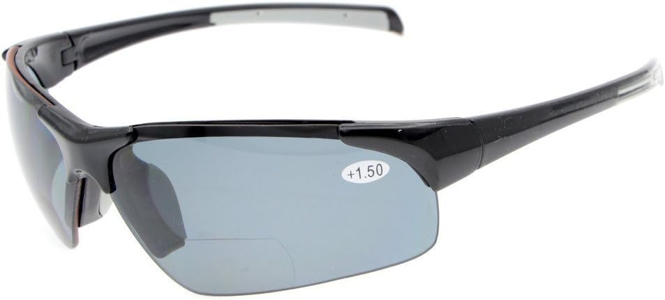 Eyekepper TR90 Unbreakable Sports Half-Rimless Bifocal Sunglasses Baseball Running Fishing Driving Golf Softball Hiking Black Frame Grey Lens +1.75