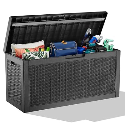 60 Gallon Deck Box,Resin Outdoor Storage Box with Lockable for Patio Furniture, Pool Accessories, Garden Tools, Waterproof Outside Storage Box, Black Pattern