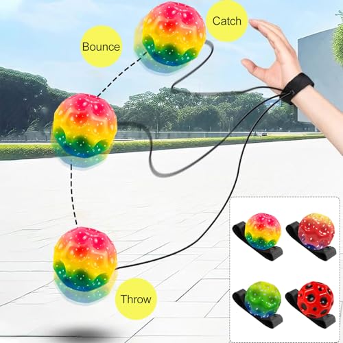 Helweet Springball mit Schnur, Handgelenk Return Ball, Ball an Schnur, Balls mit Gummiband, Handgelenk Returnball, für Tägliches Training, Spiele und handgelenkübungen, 4 Stück, Ø 6.3 cm
