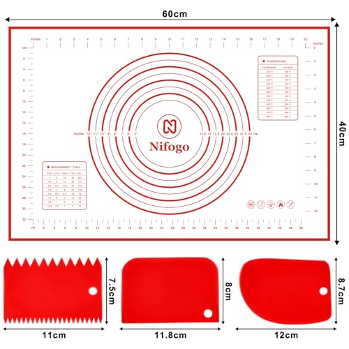 Nifogo Silikonmatte Backmatte Silikon Backunterlage 60 x 40 cm, Teigmatte Wiederverwendbar Antihaft Rutschfest mit Messung Teigschaber