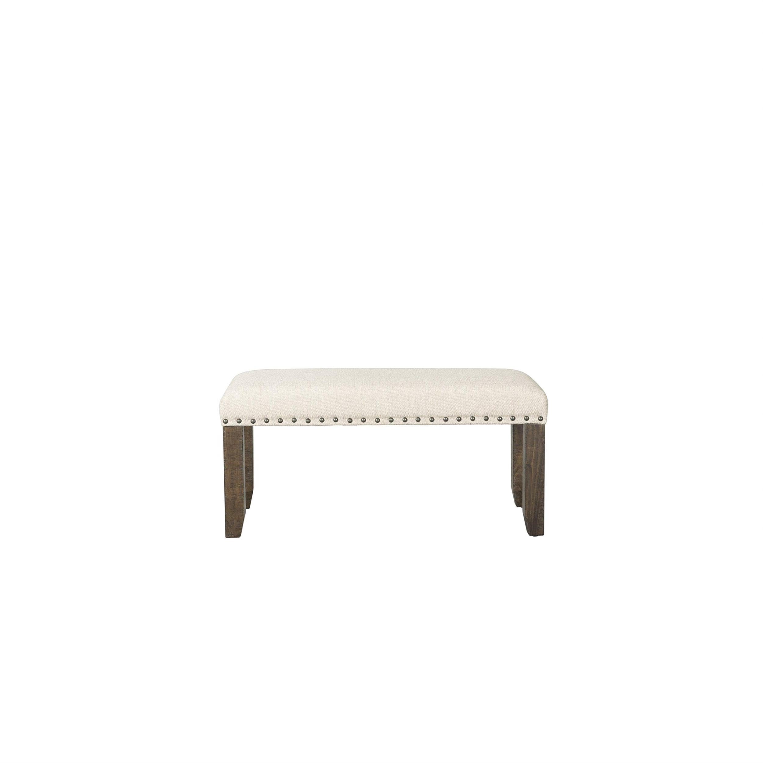BOWERY HILL Kitchen Bench, 40 in Wide, Rubber Wood and Acacia Veneer, Smokey Walnut Finish, Cream Upholstery, Nail Head Trim, Distressed Rustic Style, Comfortable Seating for Dining Room