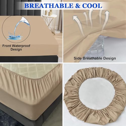 Image of 100% Waterproof Mattress Protector | Permium Cotton Mattress Skin Friendly Bed Cover | Breathable & Non-Allergenic Ultra Soft Elastic Fitted Bed Protector | 75x70 Inch, King, Beige