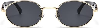 Long Keeper Vintage metalen ovale zonnebril dames heren jaren 90 retro ronde zonnebril trendy slanke ovale zonnebril UV400 bescherming mode tinten, 53mm, Goud Zwart Frame - Donkergrijze Lens, Mediano