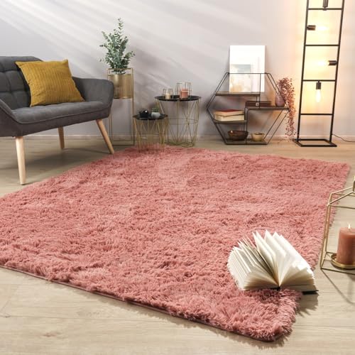 TT Home Tapis De Salon Tapis Shaggy Poil Long Doux Peluche Design Moderne Monochrome, Couleur:Rose...