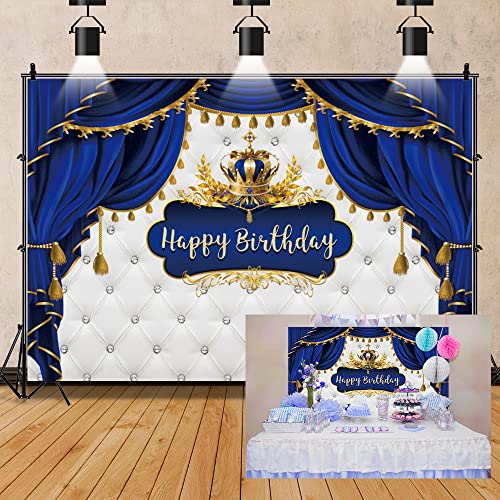 OERJU 5x4ft Royal Prince Birthday Backdrop Royal Blue and Gold Little Prince Crown Curtain Photography Background Boy Kids 1st Birthday Party Decorations Banner Photo Booth Studio Props by OERJU - Used condition - US$11.48
