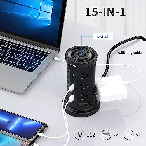 Power Strip Surge Protector Tower,Screw Wall Mount Outlet Extender with 12 AC Multiple Outlets and 3 USB Ports,6.5 FT Long Extension Flat Plug Cord,Charging Tower with Overload Protect for Office