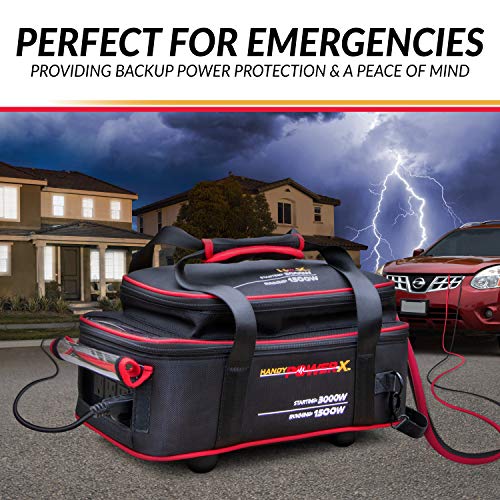 Handy Power X 1500 Watt Weather Resistant Pure Sine Wave Power Source Inverter Generator, 4 x 110V AC Outlets, Includes Heavy Duty Cables, Perfect for Outdoor RV/Van Camping, Emergency and Job Site