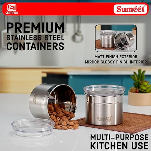 Image of Sumeet ISI Certified Stainless Steel Small Canisters /Dabba /Storage Containers for Kitchen with See Through Air Tight Lid - Set of 2 Pcs - 550ml, 10cm Dia, Silver
