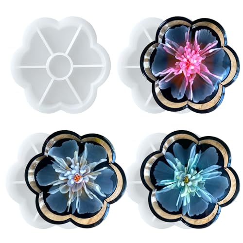Midnadiy Flower Resin Tray Molds 4 PCS, Durable Silicone Coaster Molds for Epoxy Resin,Silicone Tray Molds for DIY Jewelry Trinket Tray,Candle Tray,Holiday Gifts