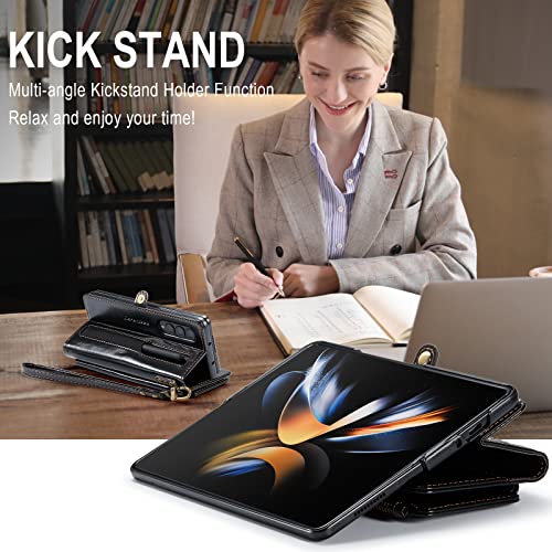 Defencase Galaxy Z Fold 4 Case, Z Fold 4 Case With Pen Holder, Samsung Z Fold 4 Wallet Case For Women Men With Card Holder Zipper Wristlet Luxury Pu Leather Case For Samsung Galaxy Z Fold 4, Black #TOP4
