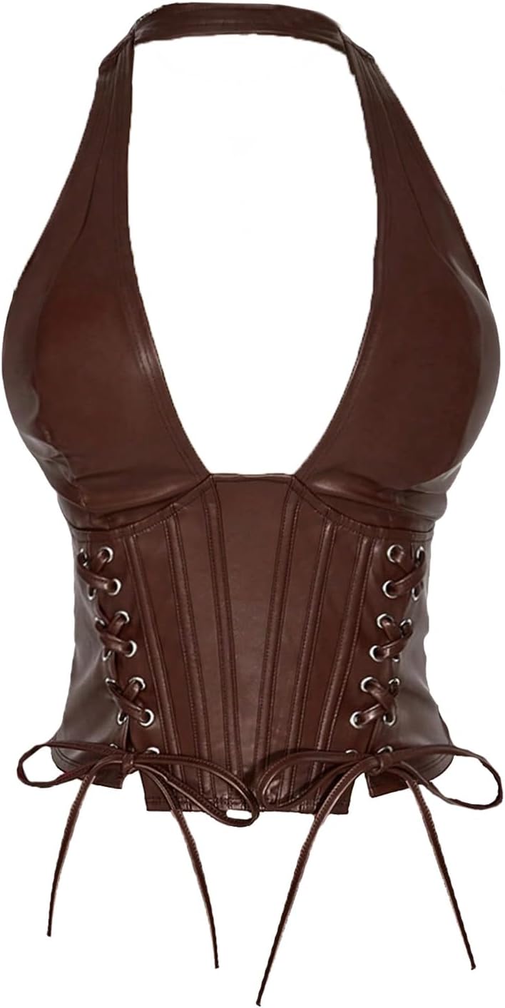 SOLY HUX Women's Plus Size Halter Tops PU Leather Deep V Neck Lace Up Backless Sleeveless Summer Crop Tank Top