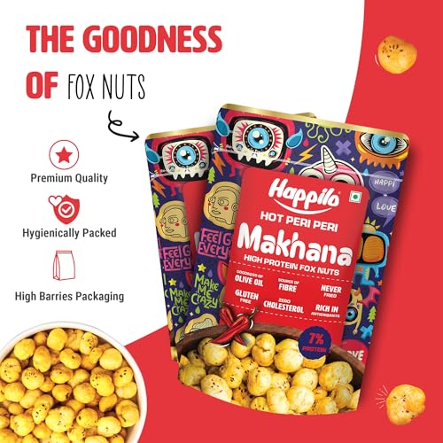Image of Happilo Premium Super Snack Makhana Peri Peri 55g (Pack Of 3), Roasted Foxnut Healthy Snack Low Calorie and Vegan