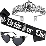 KICOSY 3PCS Bride or Die Bachelorette Party Decorations - Black Crystal Crown, Sunglasses & Sash for Til Death Do Us Party, Gothic Wedding & Halloween Cosplay