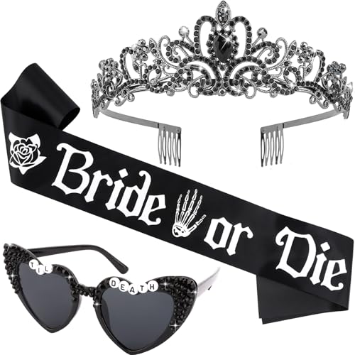 KICOSY 3PCS Bride or Die Bachelorette Party Decorations - Black Crystal Crown, Sunglasses & Sash for Til Death Do Us Party, Gothic Wedding & Halloween Cosplay