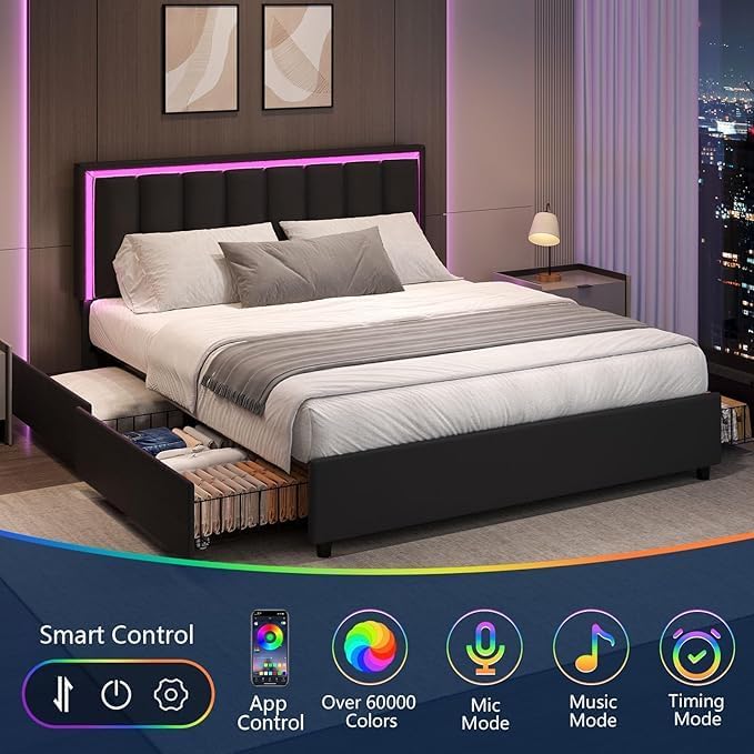 Image showing the smart control features for the LED lights, including app control, 60,000 colors, mic mode, music mode, and timing mode