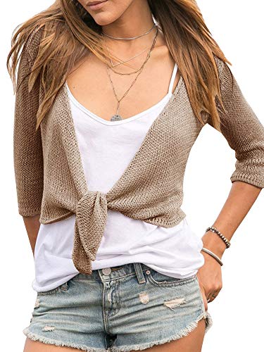 Yemgsip Women's Tie Front Shrug 3/4 Sleeve Bolero Sheer Knotted Lightweight Cardigan Sweaters Short Shawl Tops Khaki #TOP2
