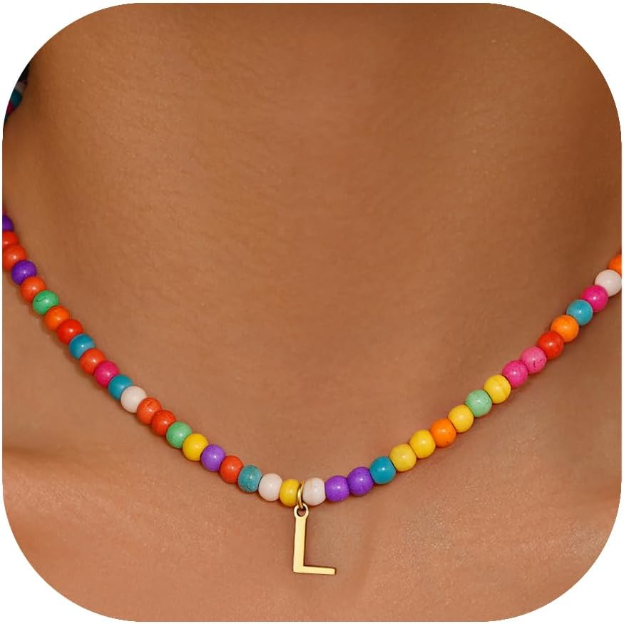 Eioi & Lmnm Colorful Initial Necklaces for Girls Women Kids - Teen Girls Gifts Trendy Beaded Initial Necklace Dainty Letter Gifts Choker Necklace for Girl Jewelry