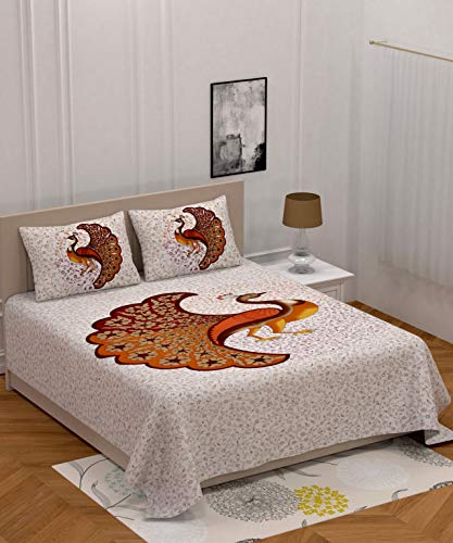 Image of Rajasthani Jaipuri Traditional Sanganeri Peacock Print 144 TC 100% Pure Cotton Double Size Bedsheet with 2 Pillow Covers (Multicolor)