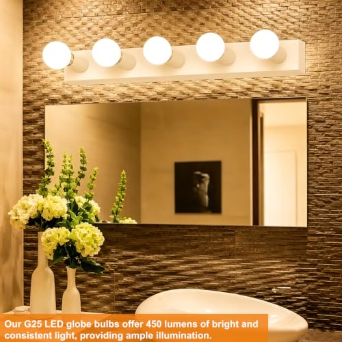 Image of Vinaco G25 LED Light Bulb Dimmable 6W 120V 2700K for Bathroom Vanity Mirror | 4PCS, 450LM, 60W Eq. Warm White, High CRI90+, NO Flicker, Milky Frosted Glass, Long Lasting, E26 Base, for Pendant Light