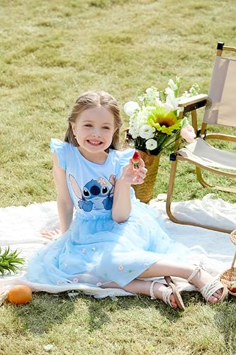 Image of Disney Princess Frozen Elsa Minnie Stitch Toddler Girl Tulle Tutu Dress Ruffle Sleeve Mesh Summer Birthday Party Clothes 2-9Y