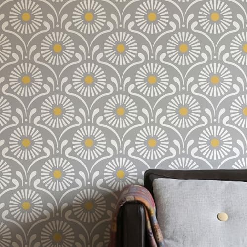 PINKIPO® Cottage Daisy - 2 piezas XL stencil para pared y piso, patrón floral vintage cottagecore reutilizable en Mylar, incluye stencil de borde
