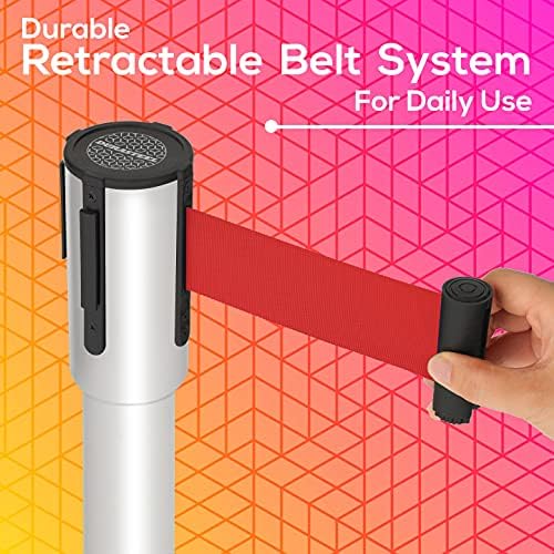 Image of DuraSteel Crowd Control Barriers Stanchions with Retractable Belts & Sign Holder - Metal Stanchion Posts w / 6.5ft Black Retractable Barrier Belt Ropes - Queue VIP Safety Line Dividers - Set of 6 Poles