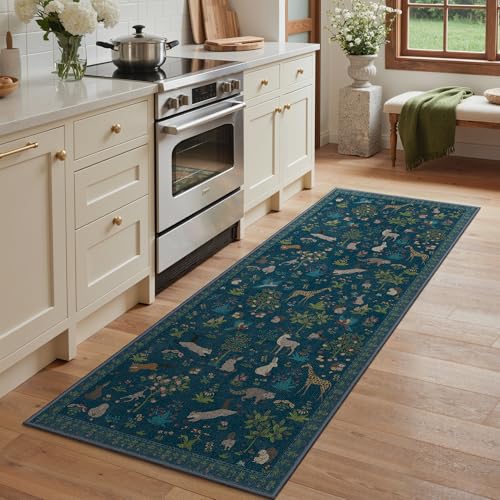 BESBLEE Runner Rug Non Slip 2'6''x 6', Floral Animal Print Rug Machine Washable Rug, Non Slip Low Pile Hallway Runner Carpet for Kitchen, Laundry, Bedroom, Bathroom, Midnight Blue