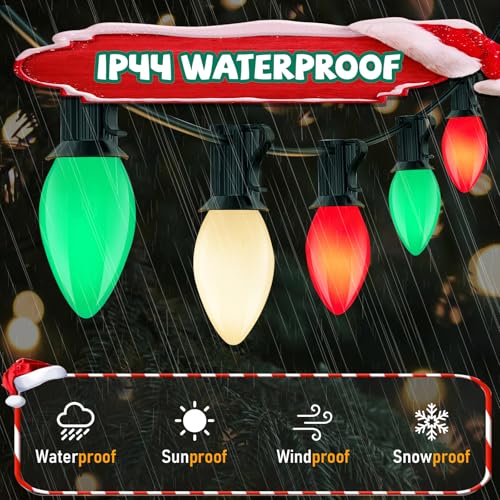 Image of GOOTHY C7 Christmas String Lights, 25Ft Outdoor Decorations with 27 LED Red White and Green Shatterproof Bulbs, Hanging Patio Lights for Tree Backyard Holiday Party Decor