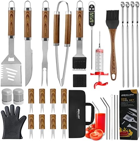grilljoy 30PCS BBQ Grill Tools Set with Thermometer and Meat Injector. Extra Thick Steel Spatula, Fork& Tongs - Complete Grilling Accessories in Portable Bag - Perfect Grill Gifts for Men and Women