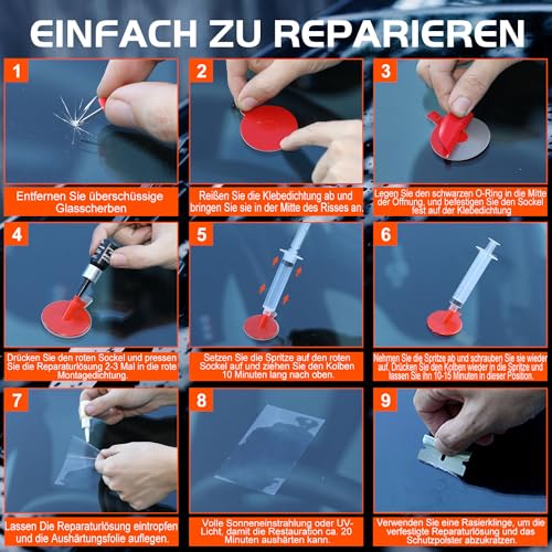 GEARMONSTER Windschutzscheibe Reparaturset Werkzeug, PKW Steinschlag Frontscheibe Glas Reparatur Flüssigkeit, Glasreparaturflüssigkeit, Windshield Repair Kit, Auto Zubehör