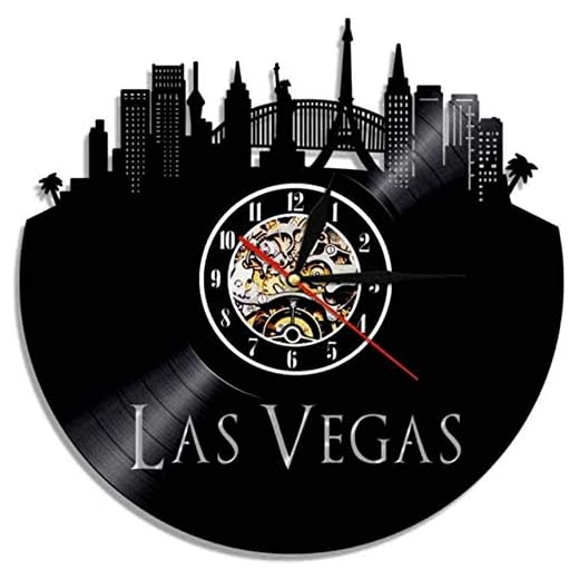 OH väggklocka spelande stad Las Vegas linje väggklocka Las Vegas stadsutsikt heminredning Nevada byggnad retro vinylskiva vägg exklusiv/ingen LED