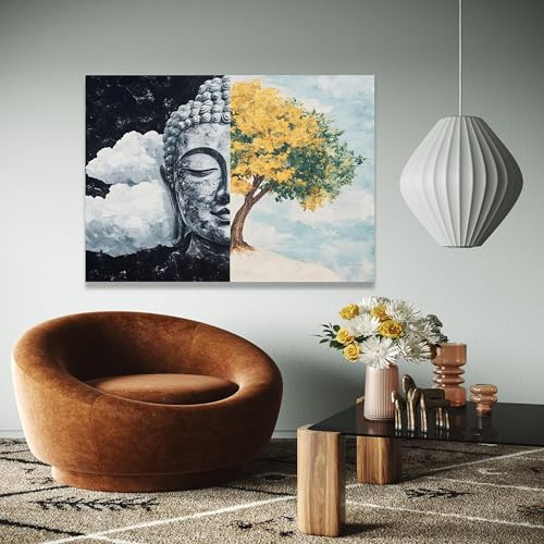 Tableau sur toile Bouddha avec paysage naturel et arbre jaune, déco zen
